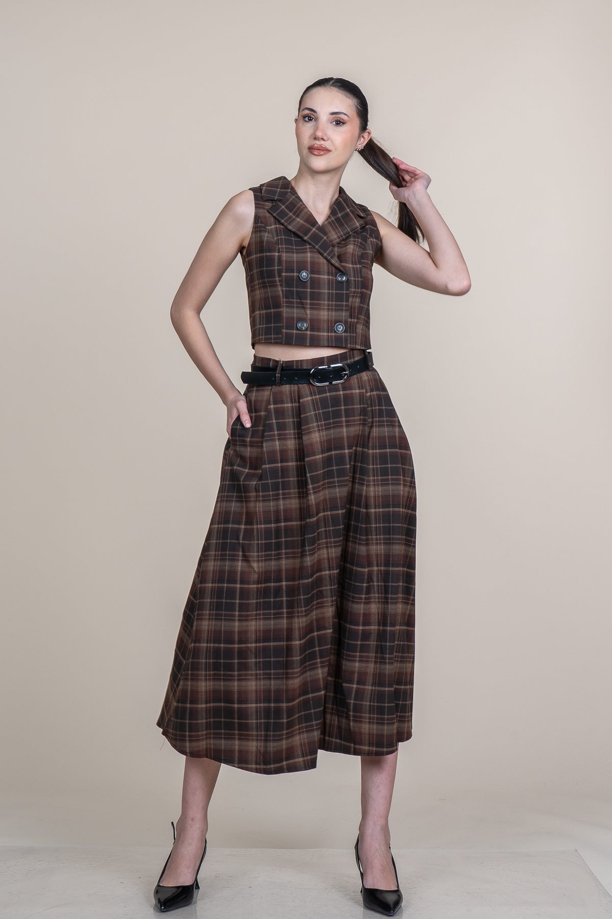 WYAT KOYU KAHVERENGİ YELEK ETEK İKİLİ TAKIM