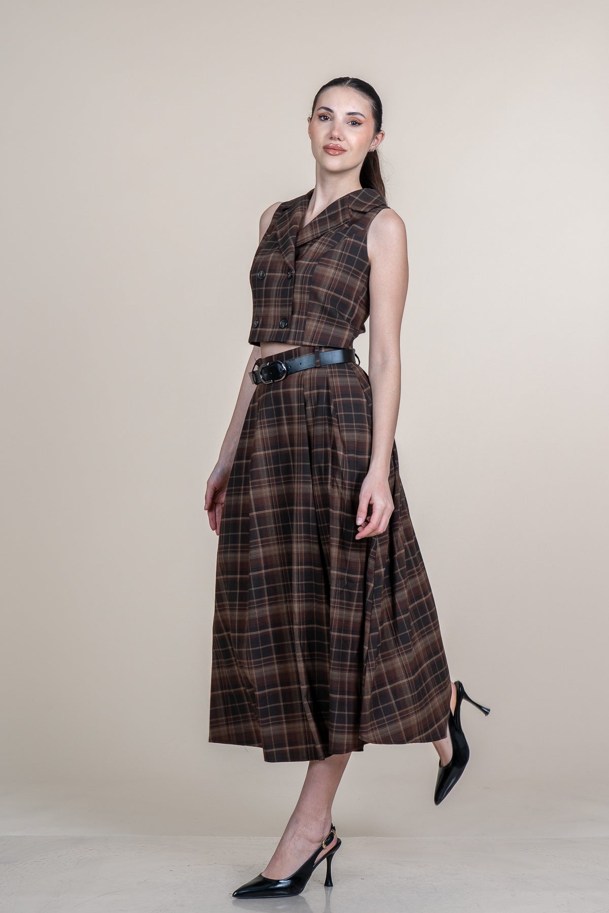 WYAT KOYU KAHVERENGİ YELEK ETEK İKİLİ TAKIM