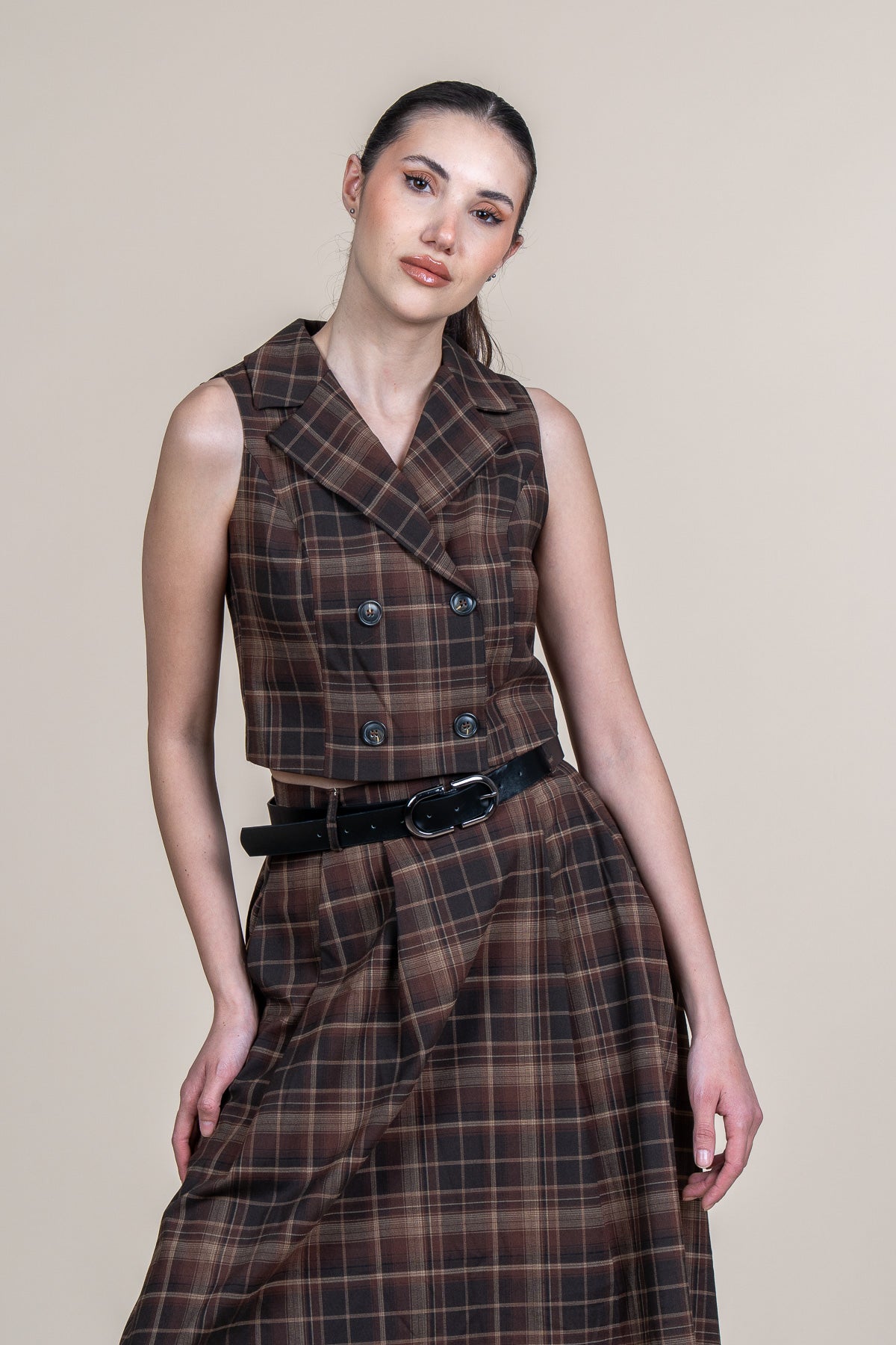 WYAT KOYU KAHVERENGİ YELEK ETEK İKİLİ TAKIM