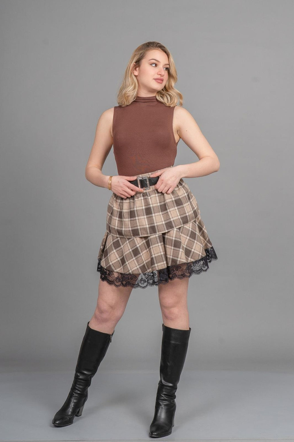 ABIGAIL DANTELLİ MİNİ ETEK - EKOSE - KARELİ