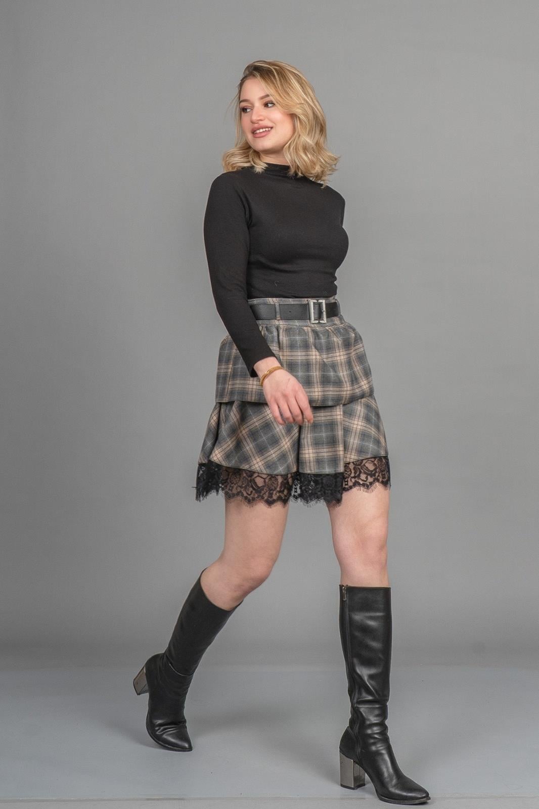 ABIGAIL DANTELLİ MİNİ ETEK - EKOSE - KARELİ