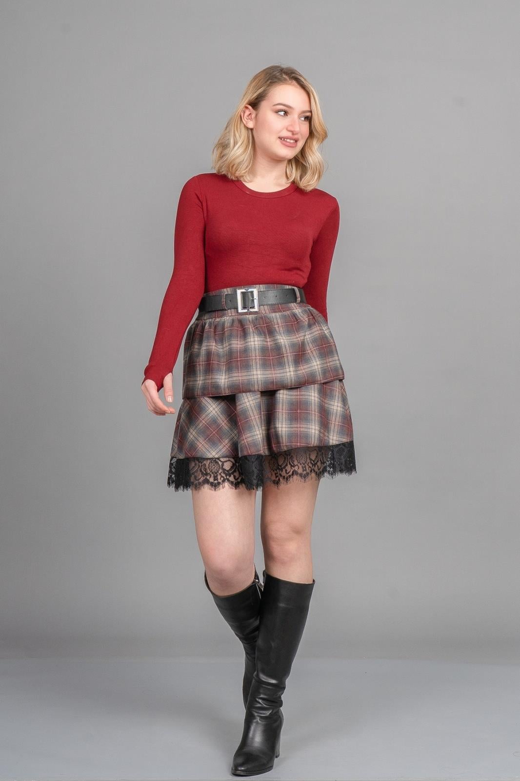 ABIGAIL DANTELLİ MİNİ ETEK - EKOSE - KARELİ