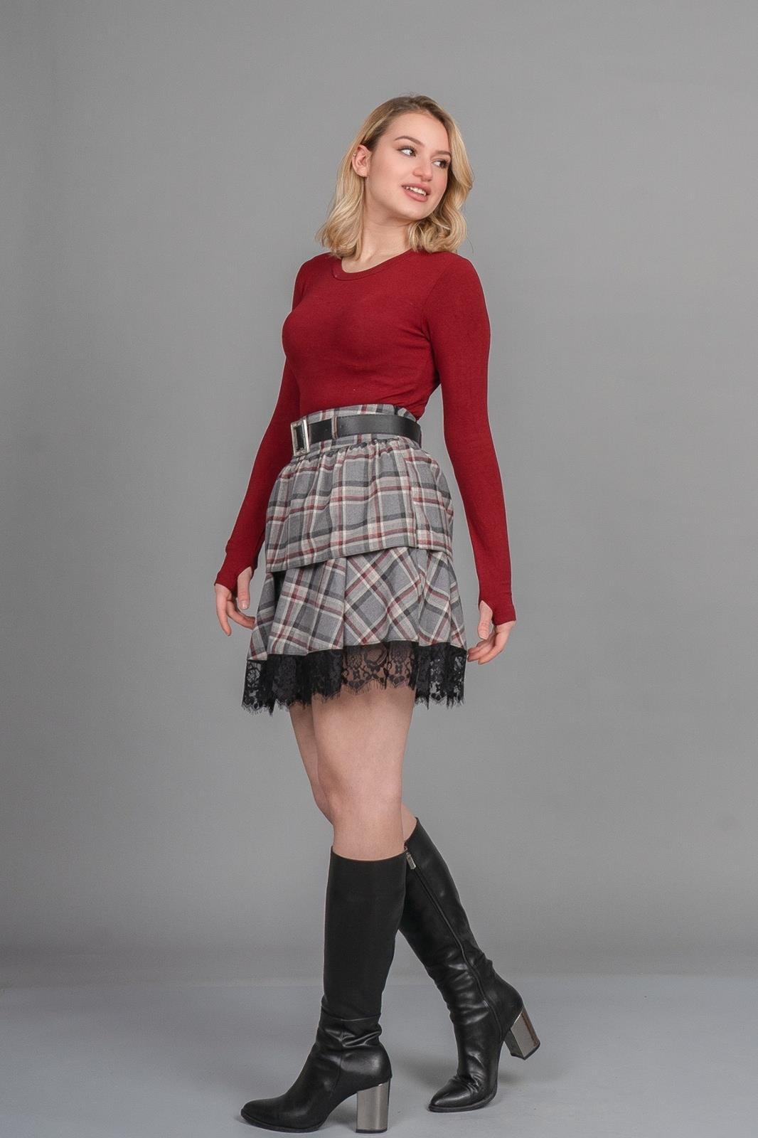 ABIGAIL DANTELLİ MİNİ ETEK - EKOSE - KARELİ