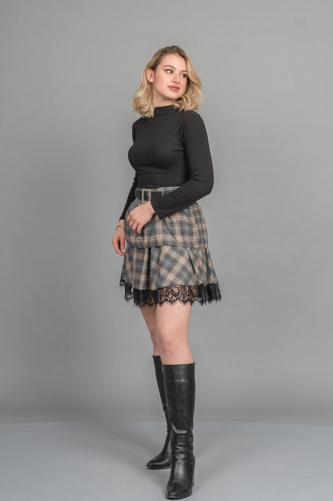 ABIGAIL DANTELLİ MİNİ ETEK - EKOSE - KARELİ