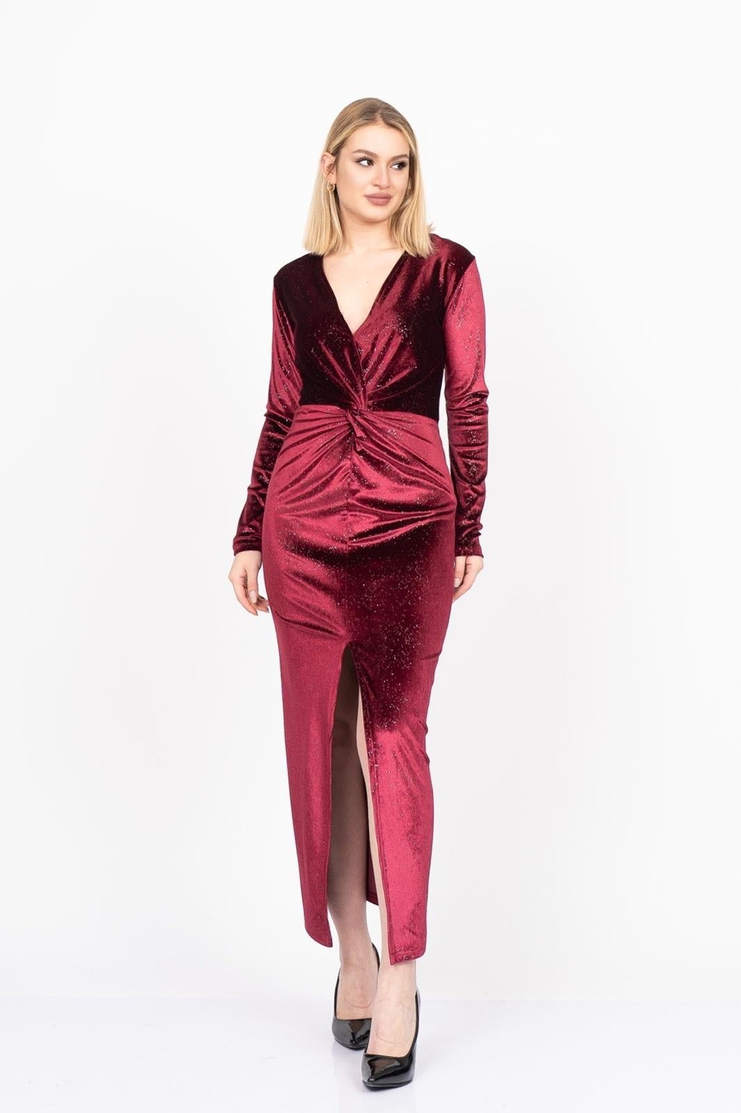 ANABEL TAŞLI KADİFE ELBİSE - BORDO