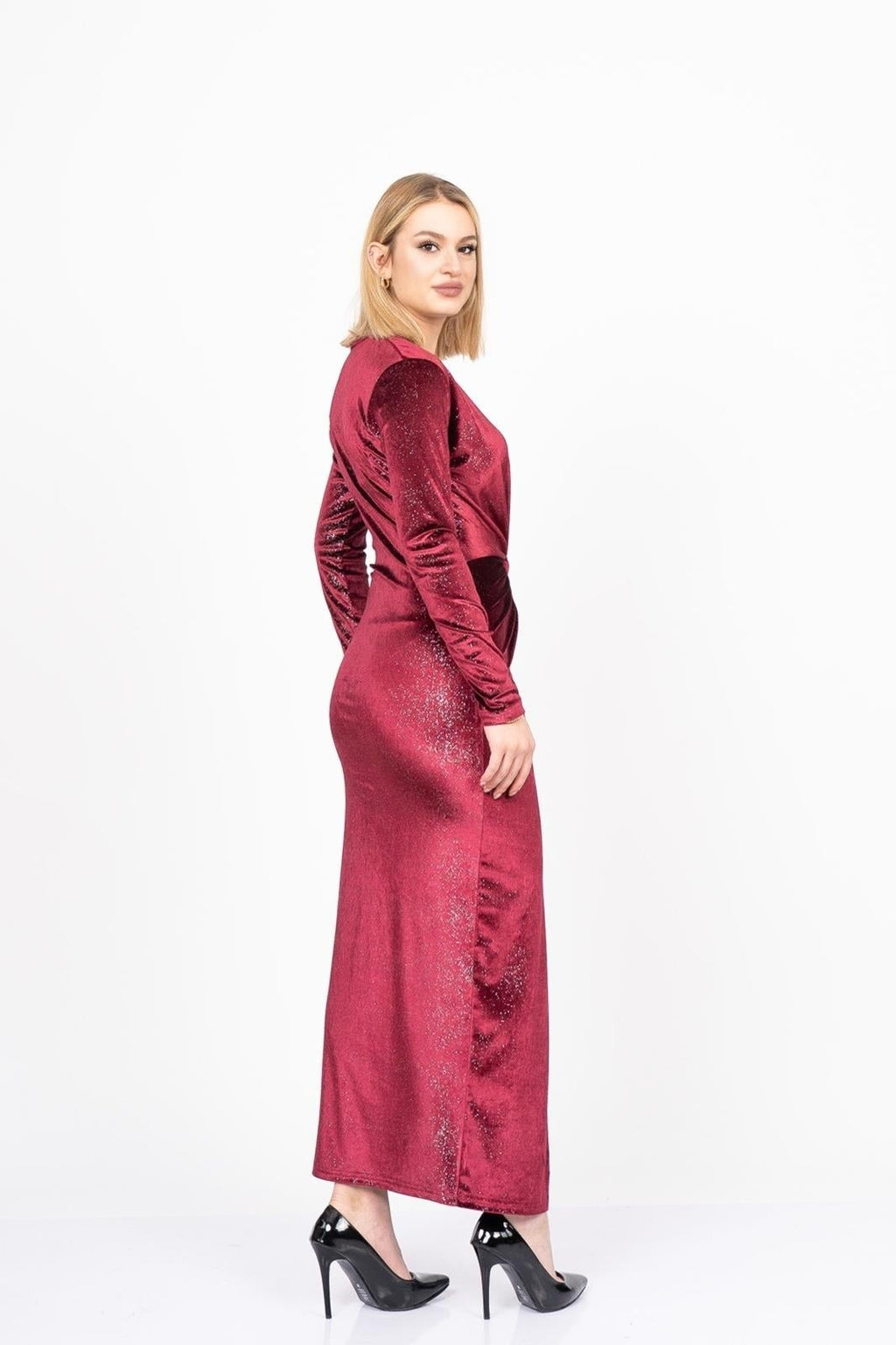 ANABEL TAŞLI KADİFE ELBİSE - BORDO