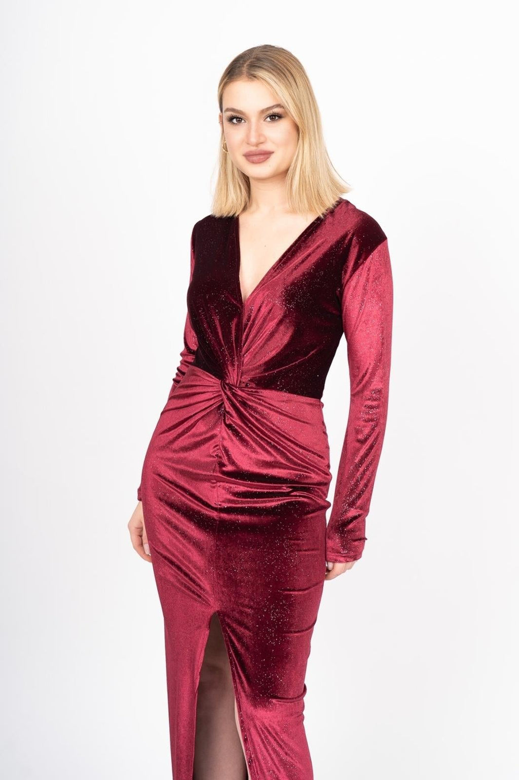 ANABEL TAŞLI KADİFE ELBİSE - BORDO