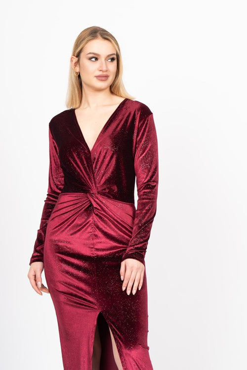 ANABEL TAŞLI KADİFE ELBİSE - BORDO