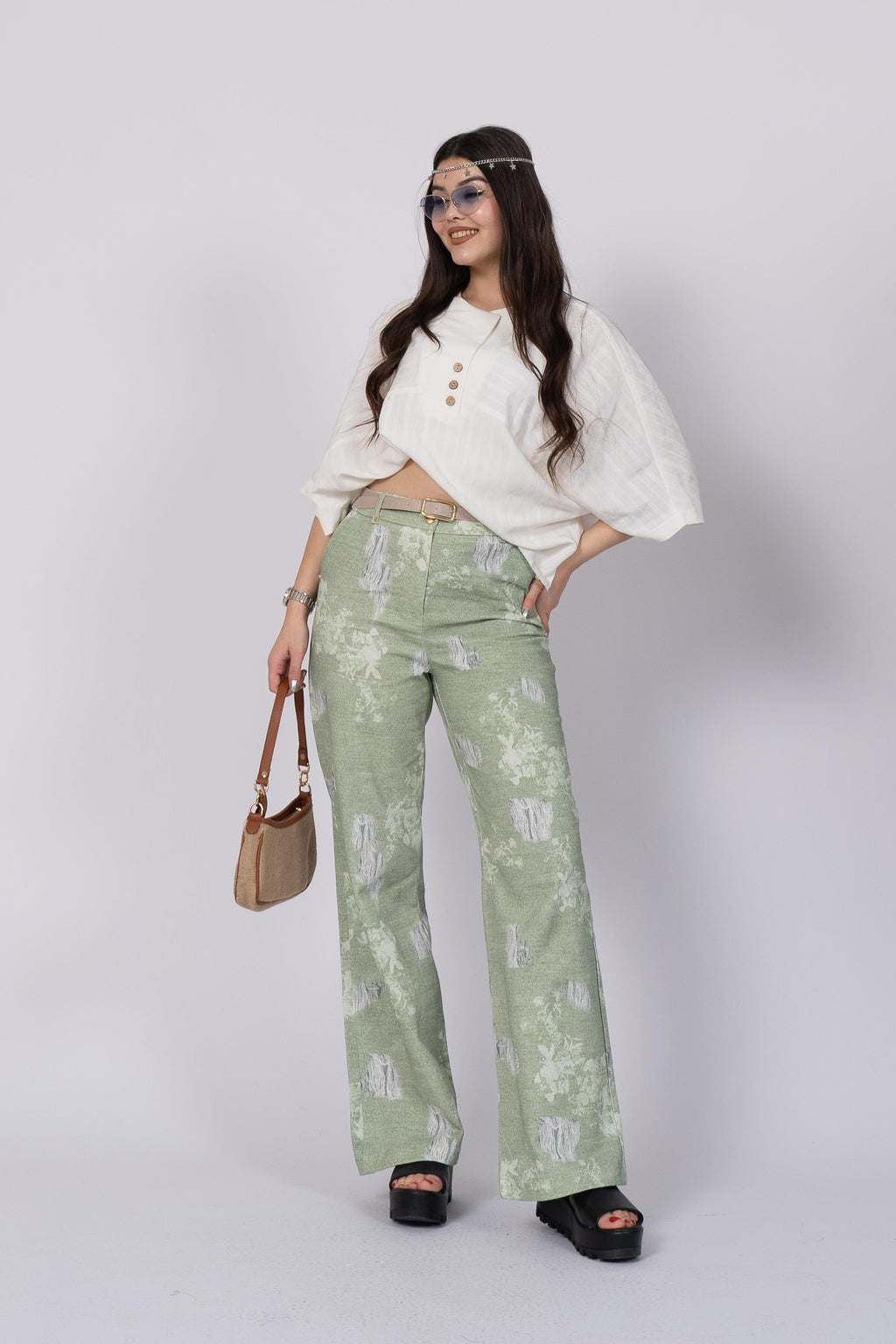 Baskılı Ve Yırtık Görünümlü Kemerli Bol Paça Pantolon 30248 - YESIL