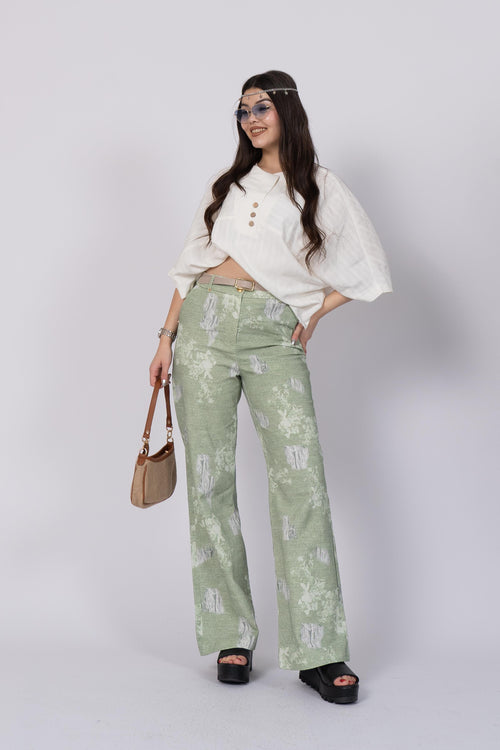 Baskılı Ve Yırtık Görünümlü Kemerli Bol Paça Pantolon 30248 - YESIL