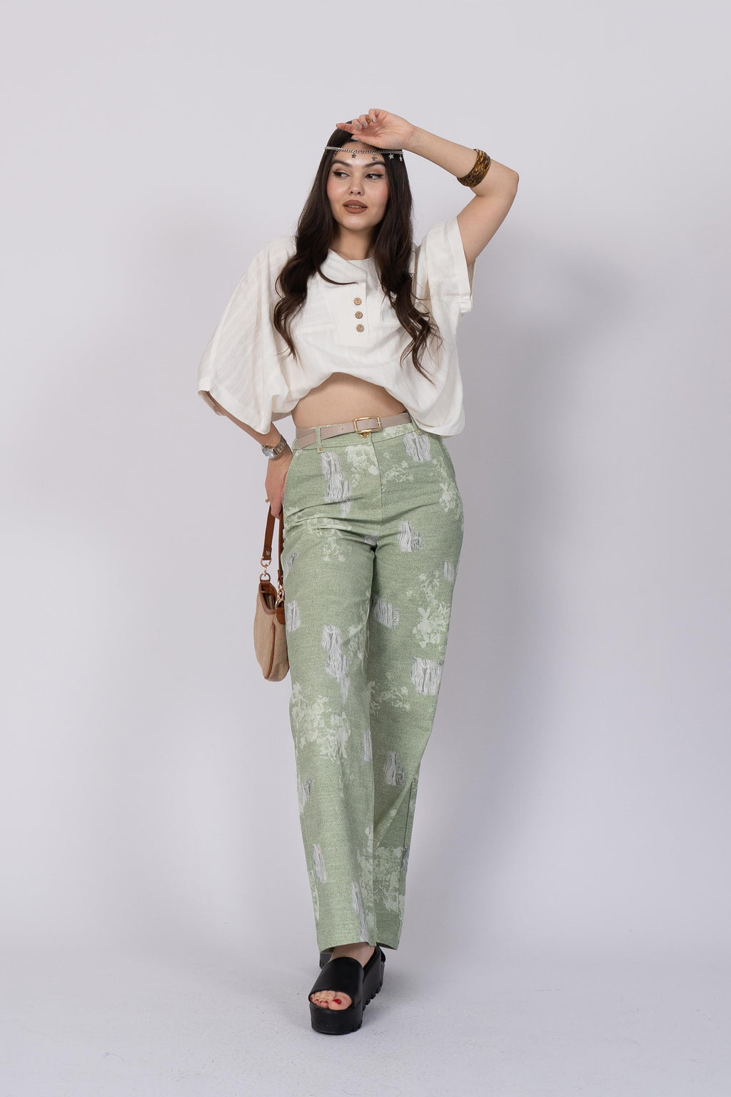 Baskılı Ve Yırtık Görünümlü Kemerli Bol Paça Pantolon 30248 - YESIL