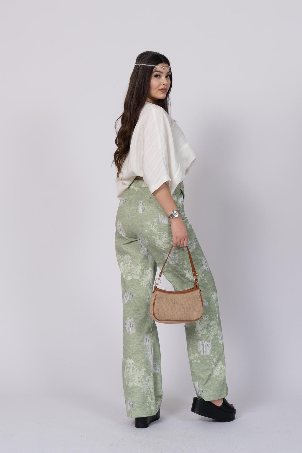Baskılı Ve Yırtık Görünümlü Kemerli Bol Paça Pantolon 30248 - YESIL