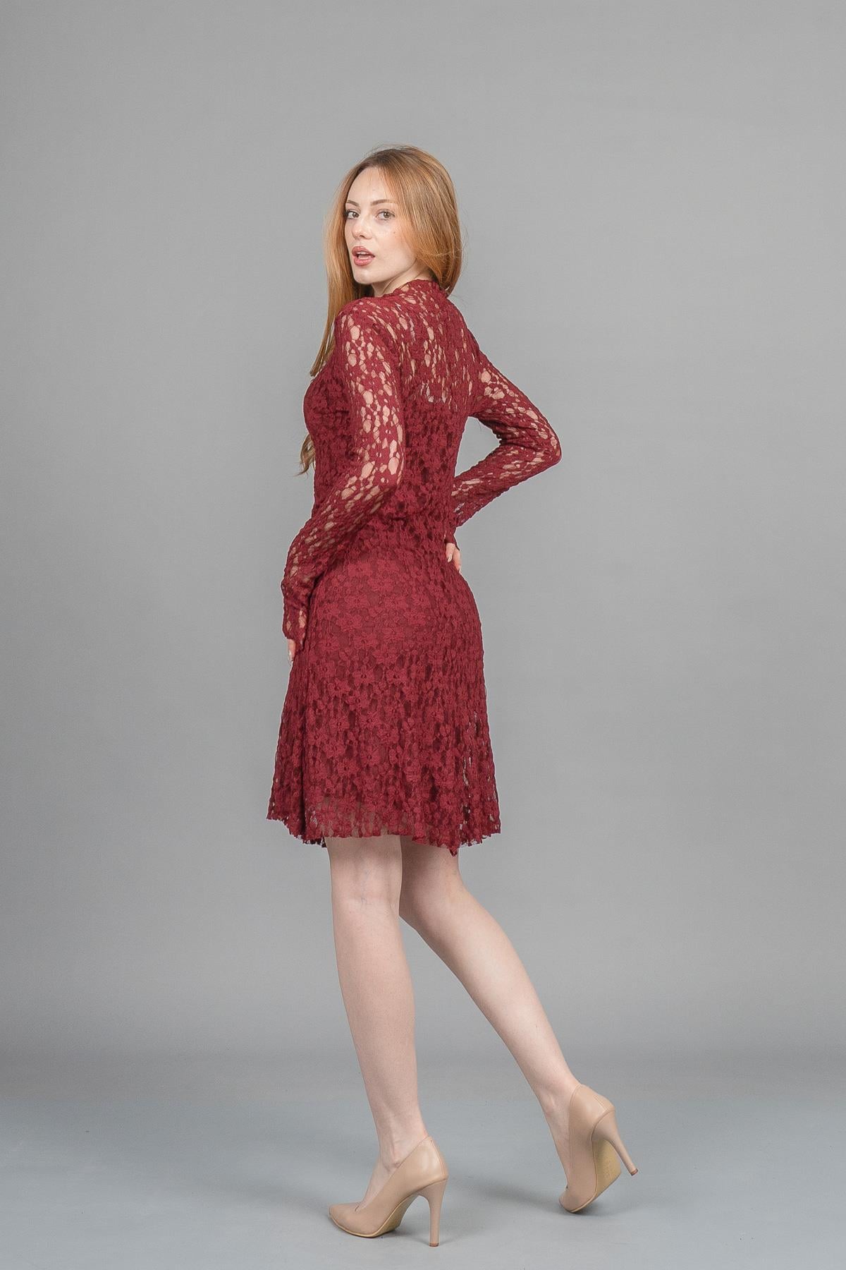 BIANCA KISA DANTELLİ ELBİSE - BORDO