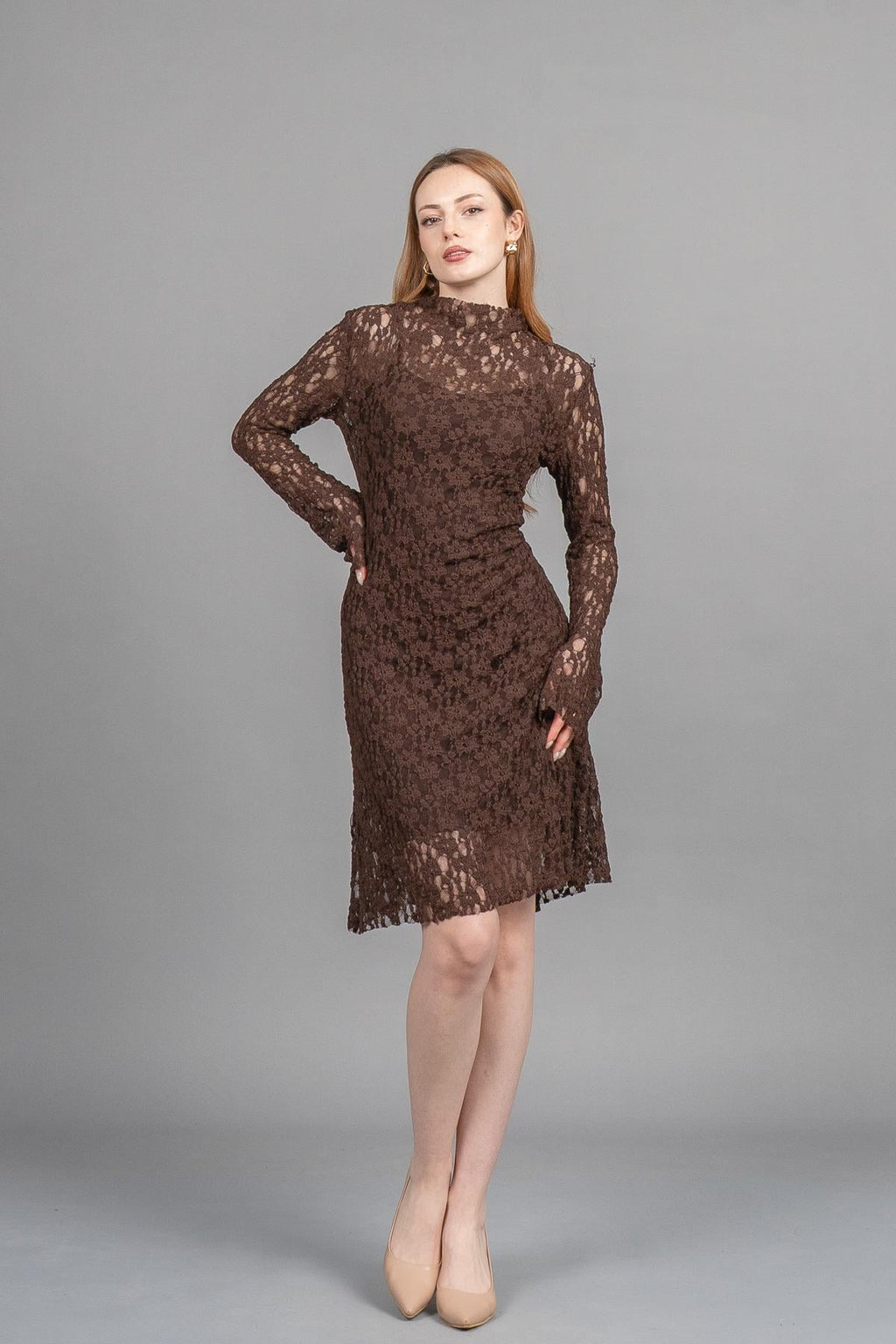 BIANCA KISA DANTELLİ ELBİSE - KAHVE