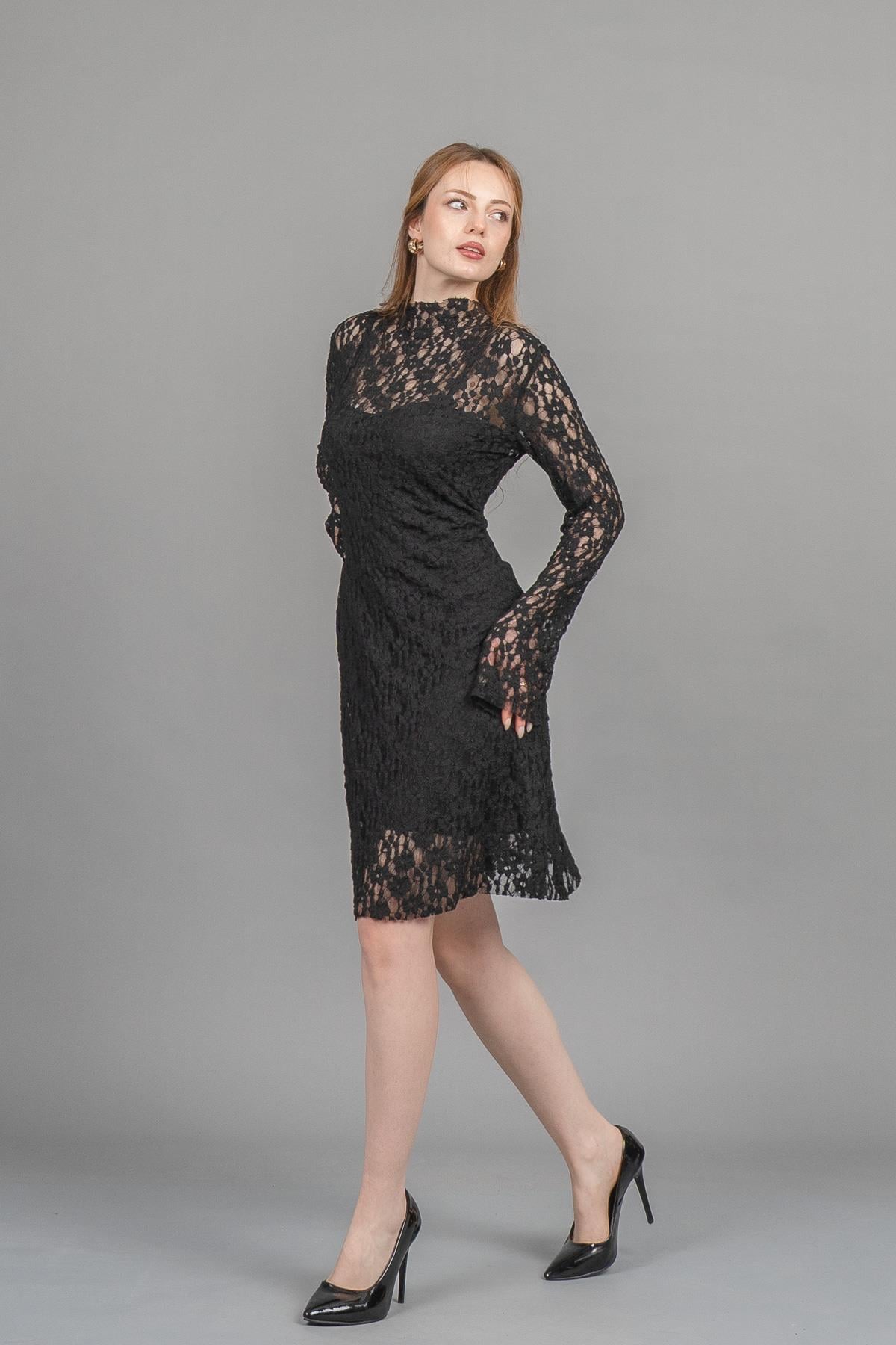 BIANCA KISA DANTELLİ ELBİSE - SIYAH