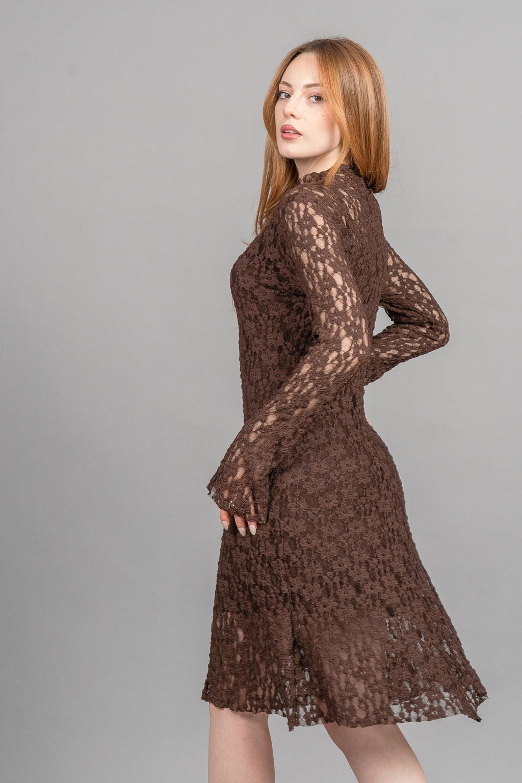 BIANCA KISA DANTELLİ ELBİSE - KAHVE
