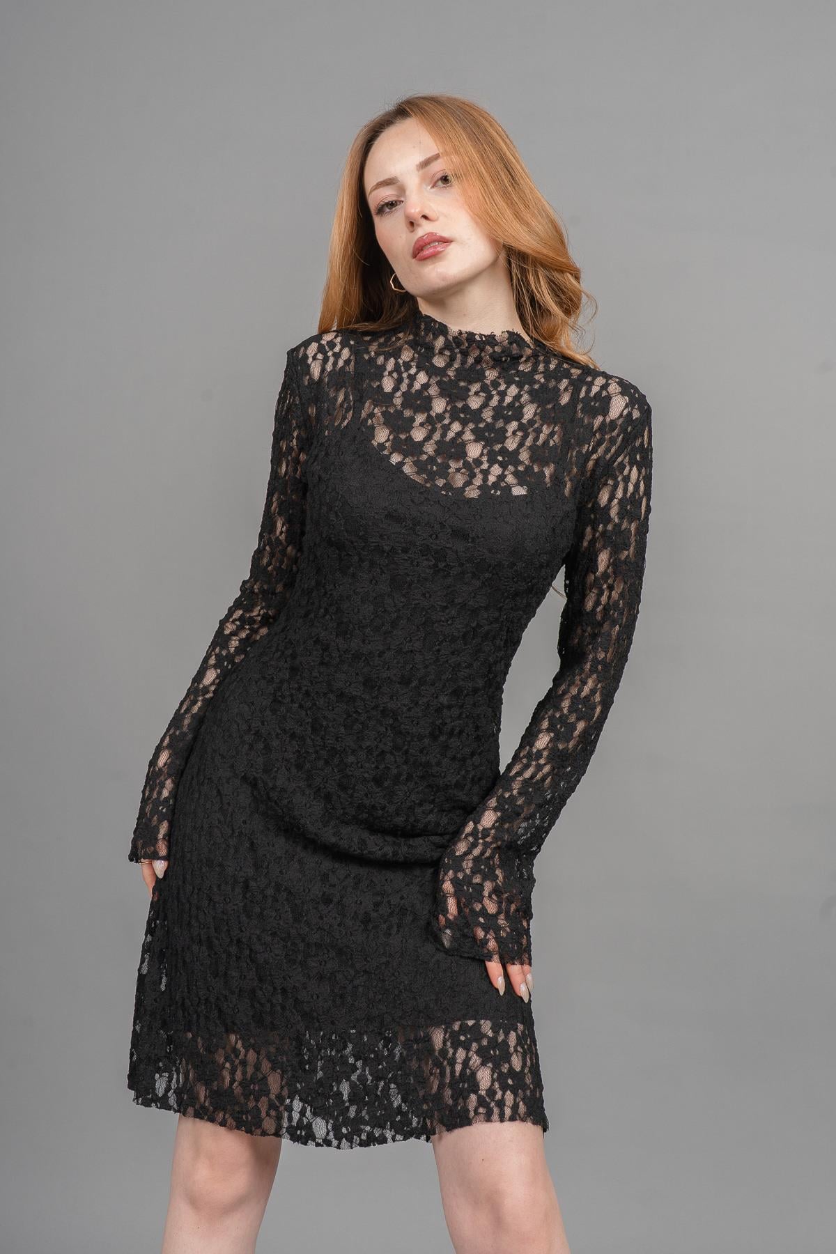 BIANCA KISA DANTELLİ ELBİSE - SIYAH
