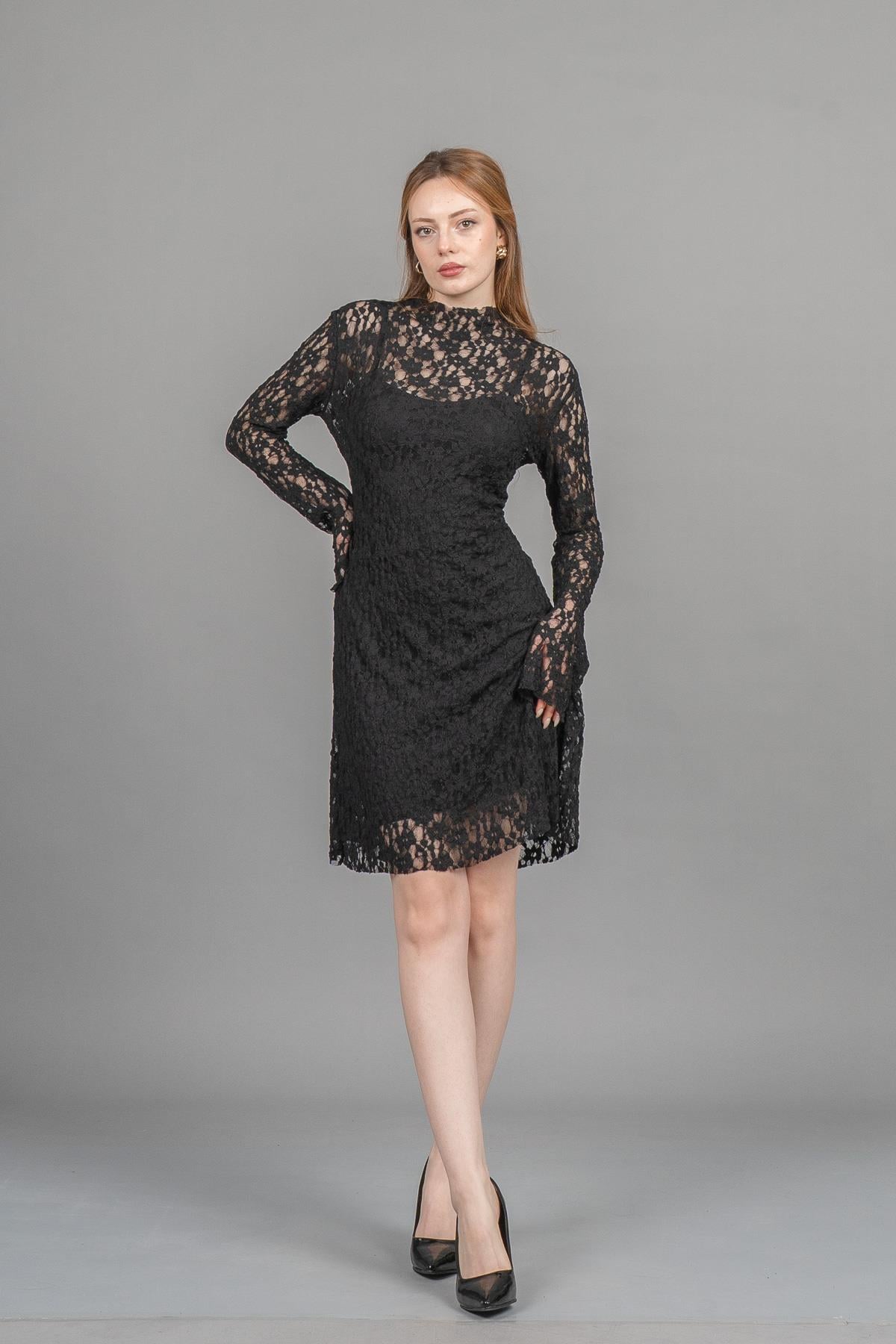 BIANCA KISA DANTELLİ ELBİSE - SIYAH