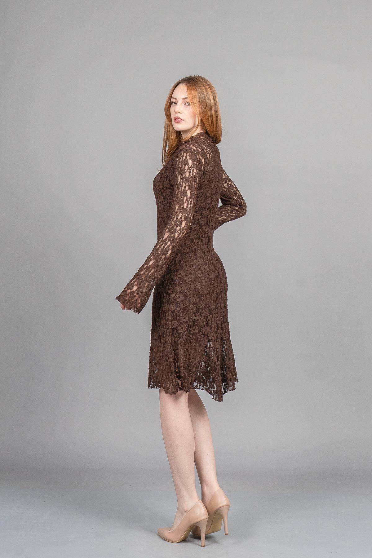 BIANCA KISA DANTELLİ ELBİSE - KAHVE