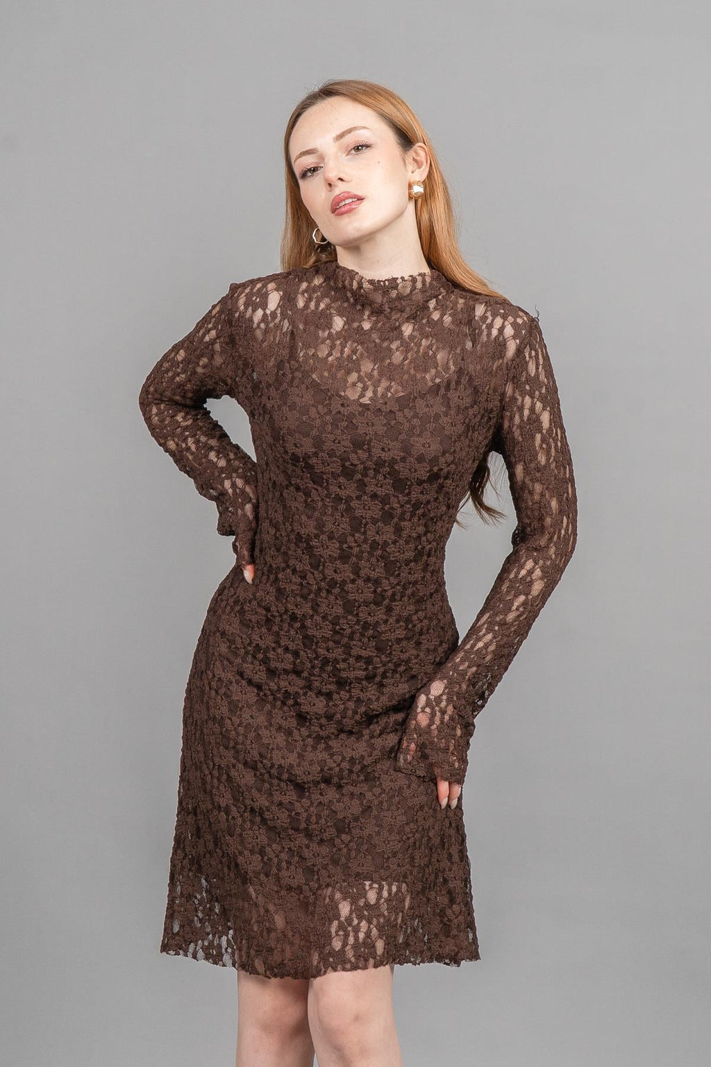 BIANCA KISA DANTELLİ ELBİSE - KAHVE