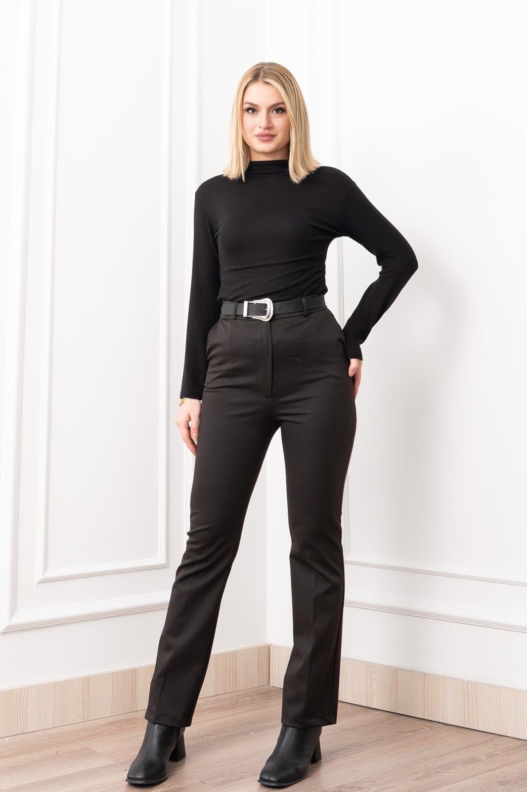 Boru Paça Kemerli Smart Pantolon 3989 - KAHVE