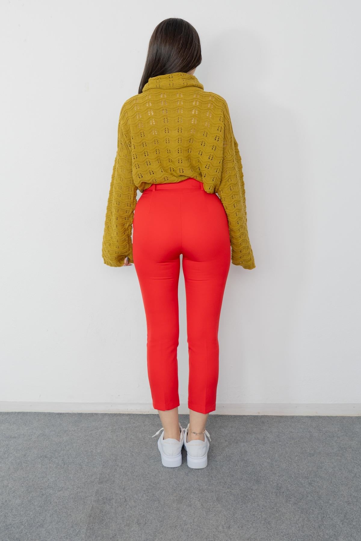 BRIDGET KEMERLİ PANTOLON - KIRMIZI