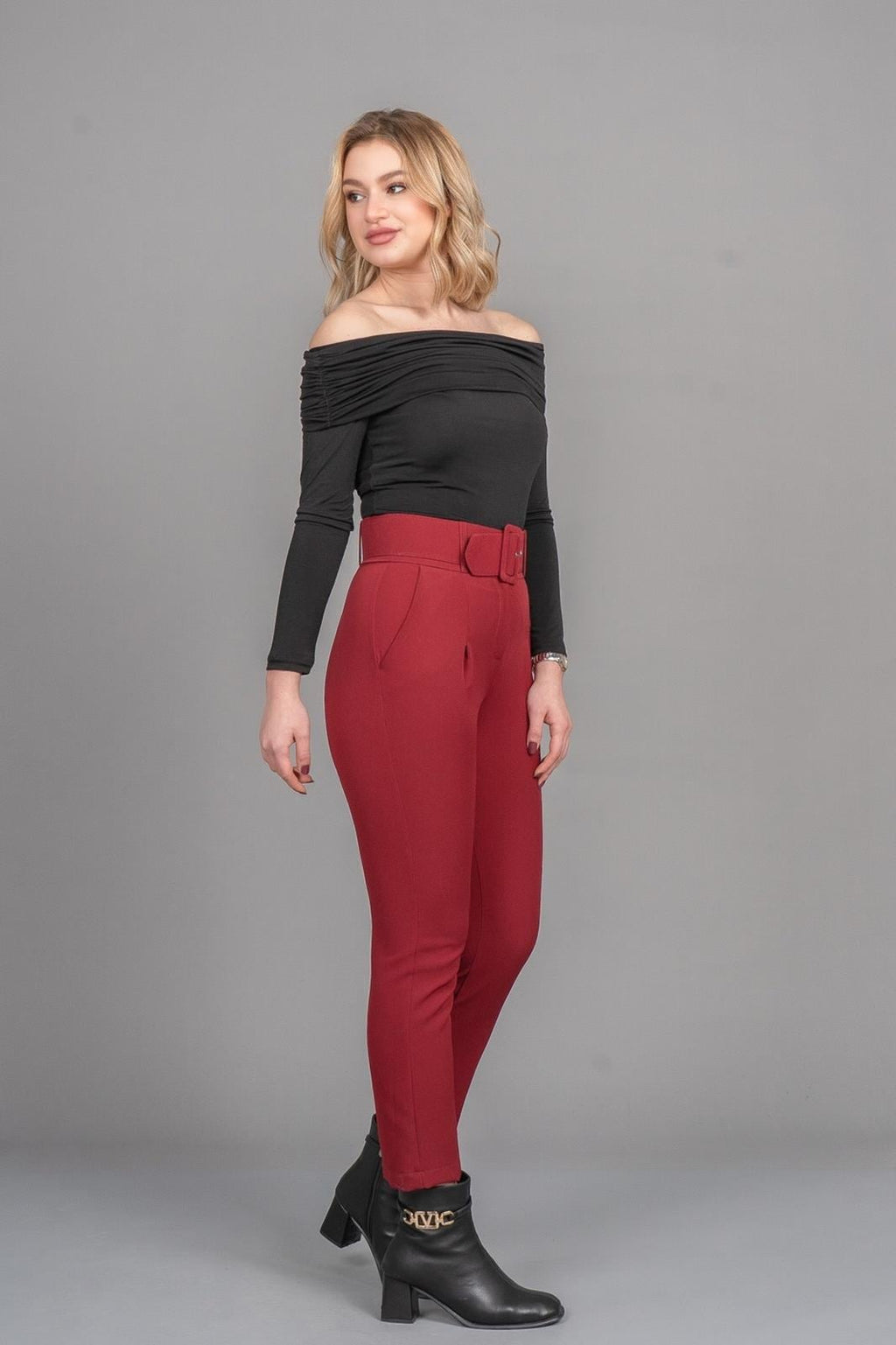 BRIDGET KEMERLİ PANTOLON - BORDO