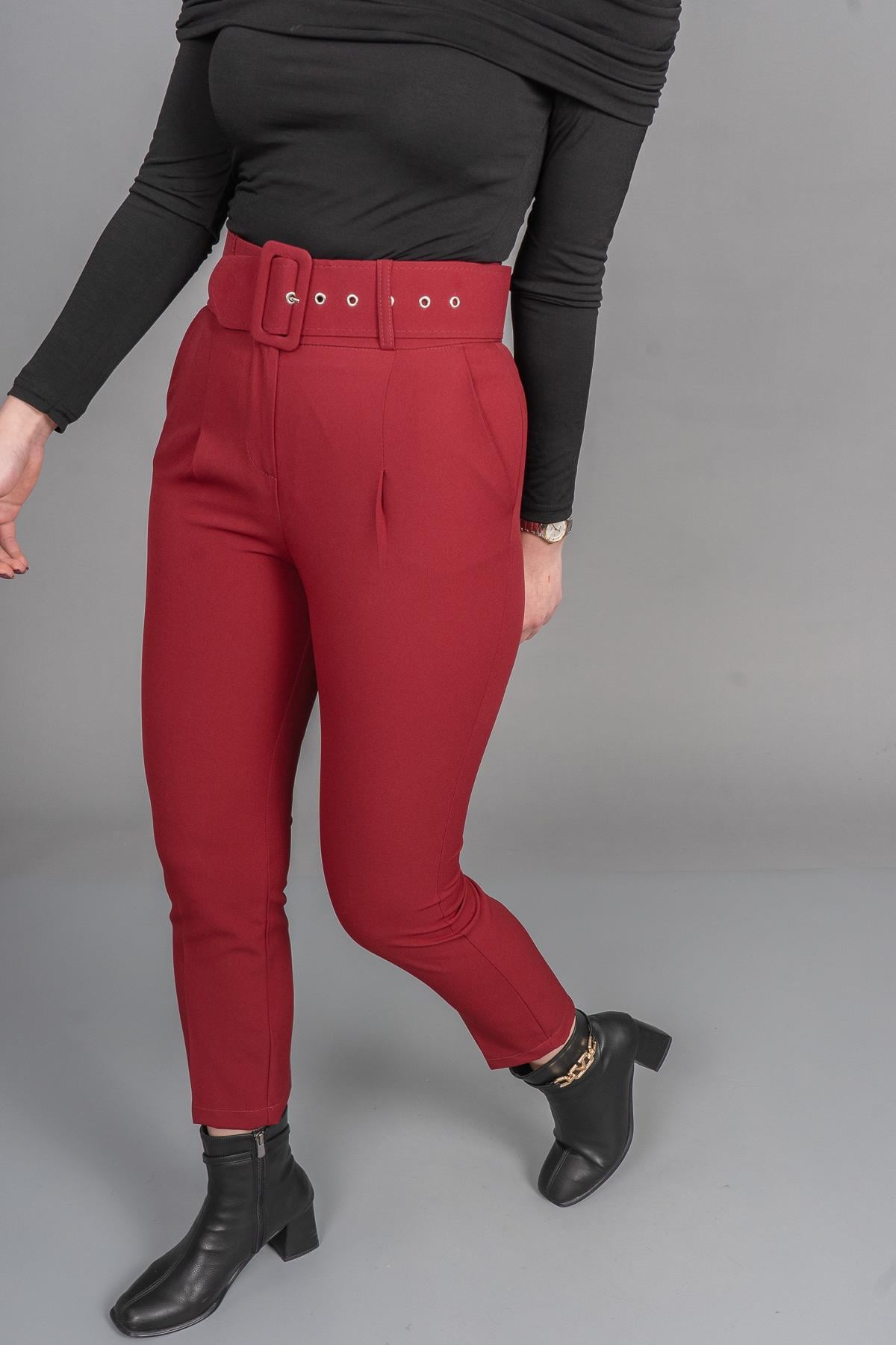 BRIDGET KEMERLİ PANTOLON - BORDO