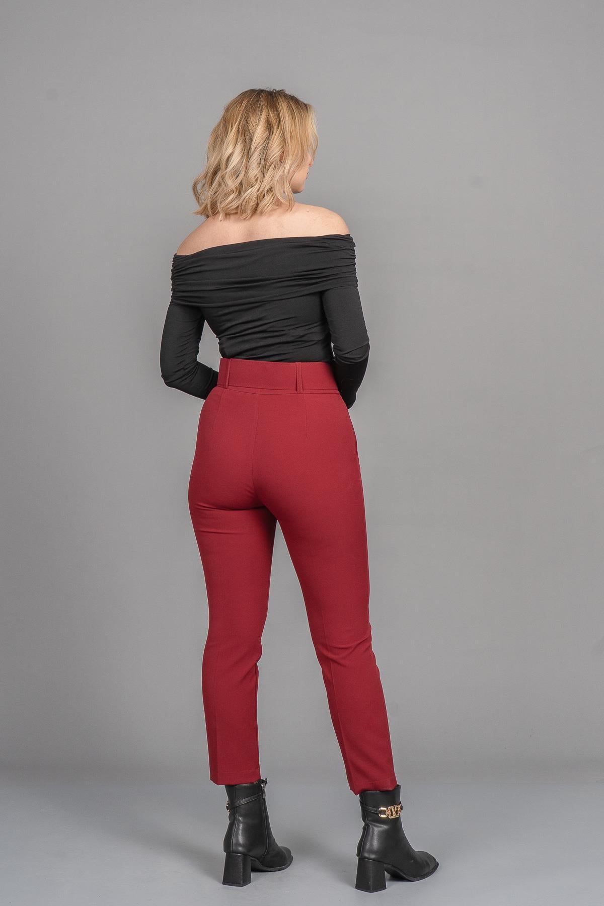 BRIDGET KEMERLİ PANTOLON - BORDO