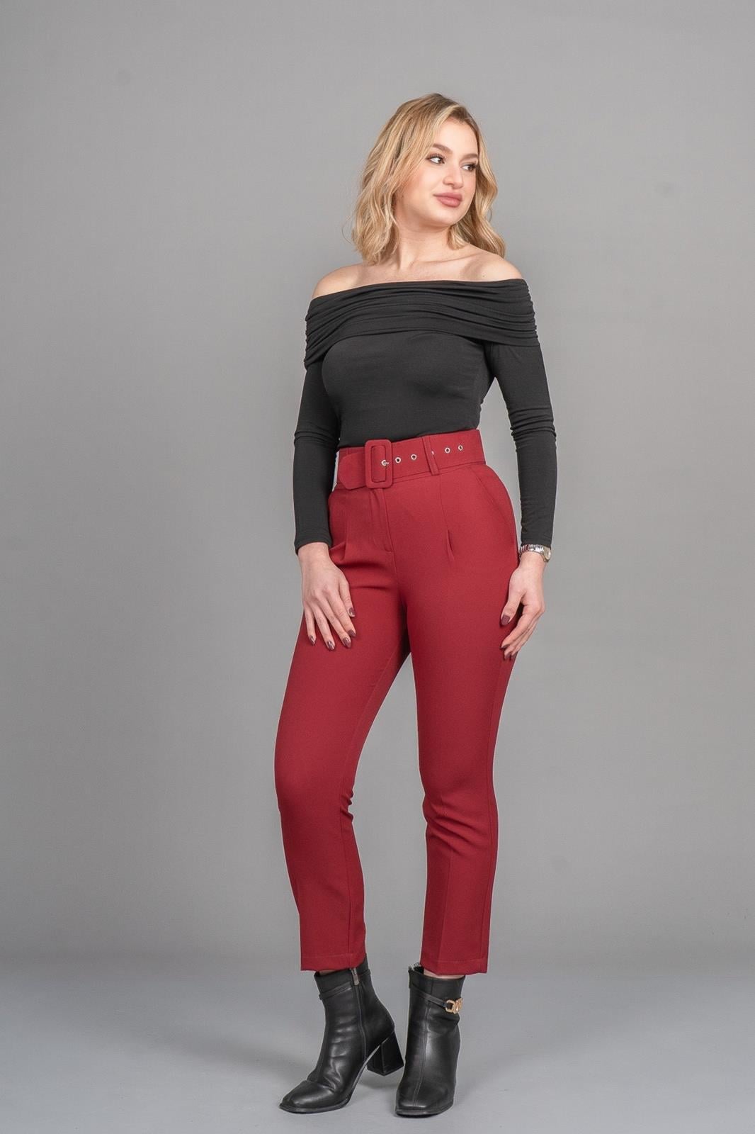 BRIDGET KEMERLİ PANTOLON - BORDO