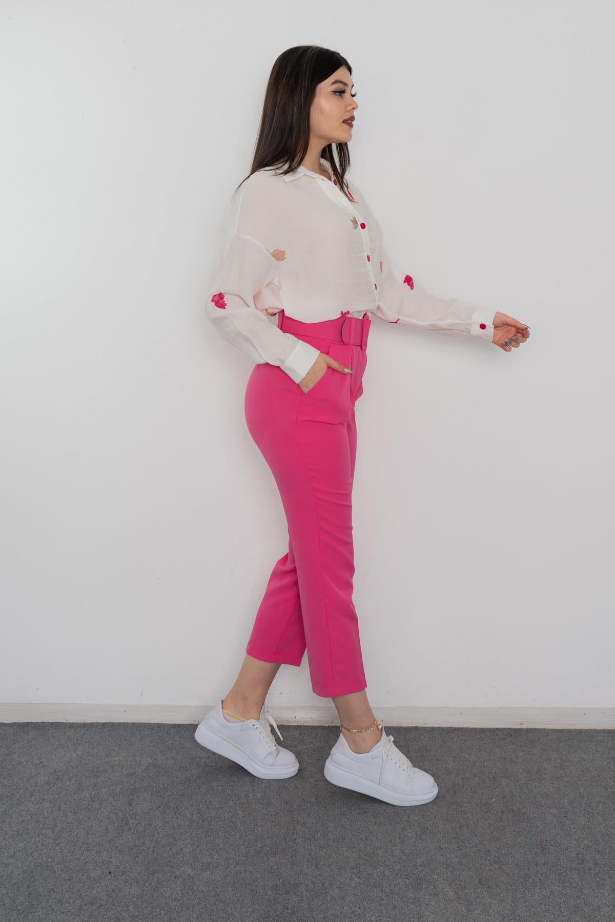 BRIDGET KEMERLİ PANTOLON - PEMBE