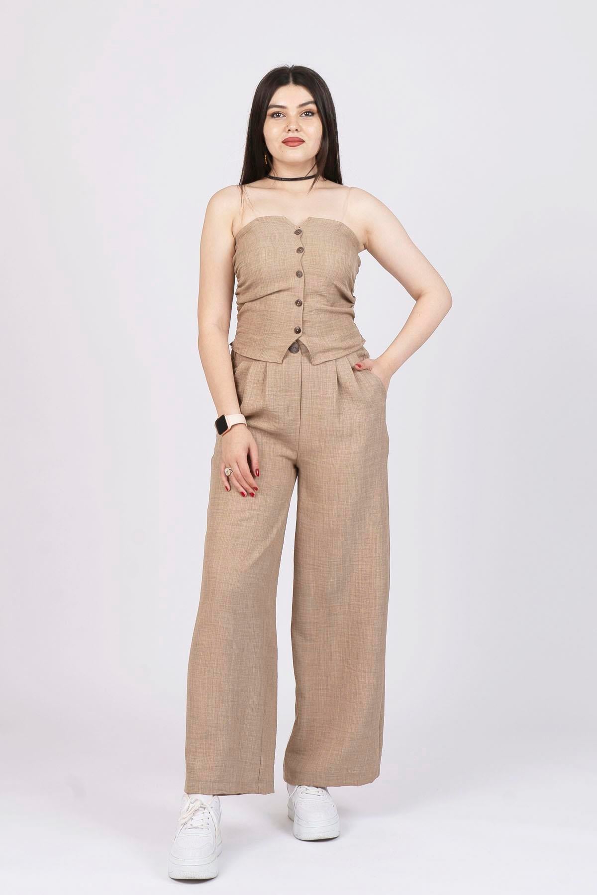 CAMILA STRAPLEZ KETEN YELEK PANTOLON İKİLİ TAKIM - VIZON