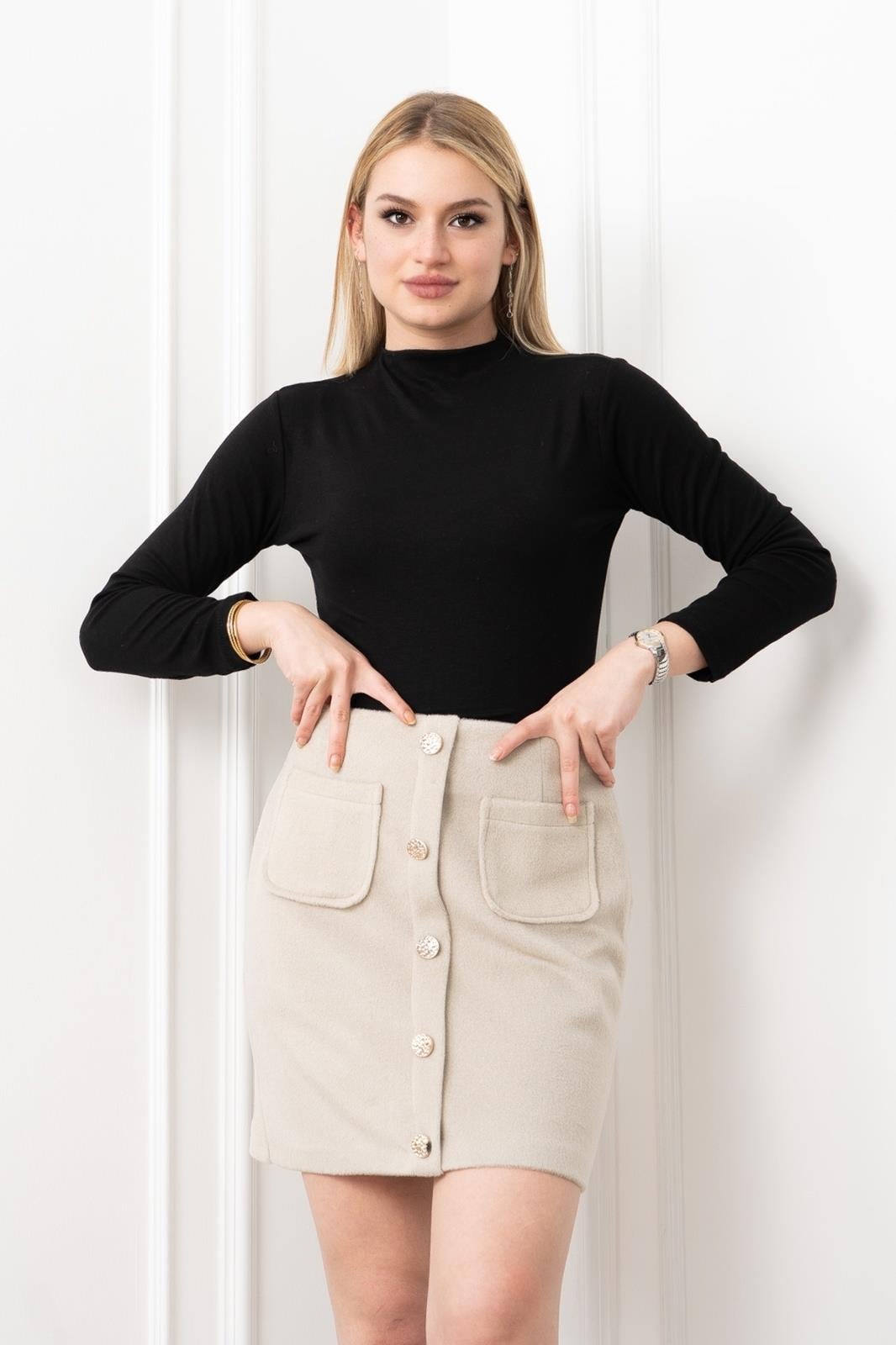 CHIC DÜĞME DETAYLI MİNİ ETEK 6824 - BEJ