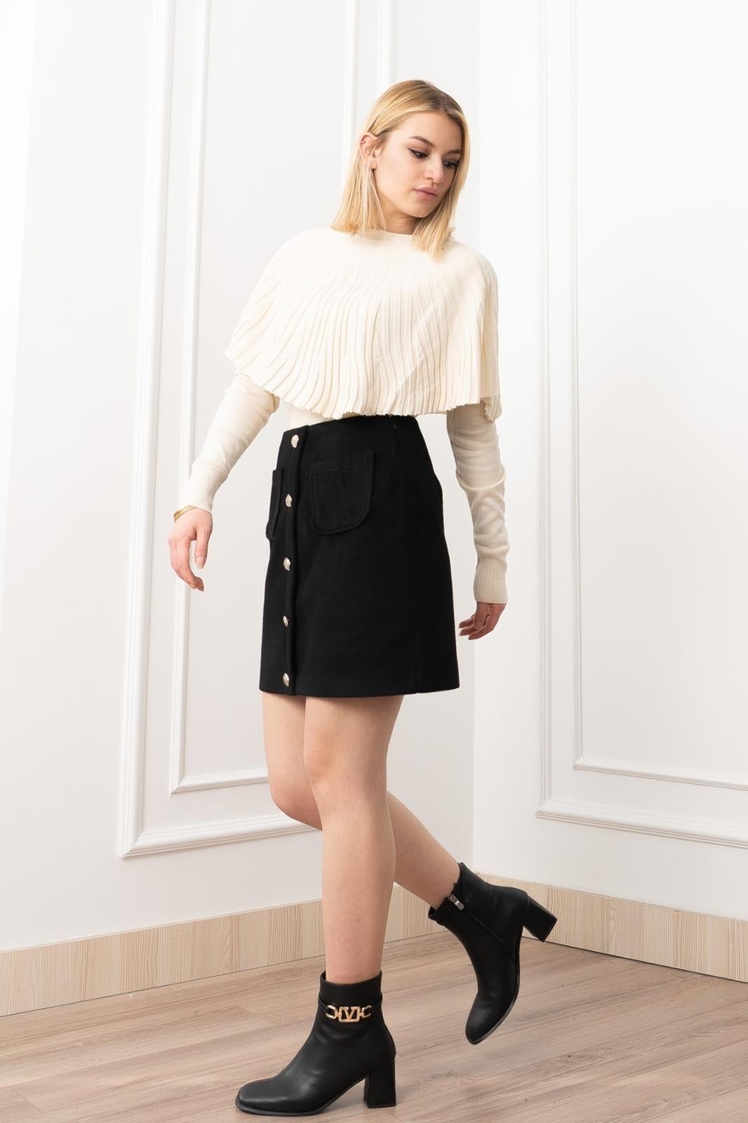CHIC DÜĞME DETAYLI MİNİ ETEK 6824 - SIYAH