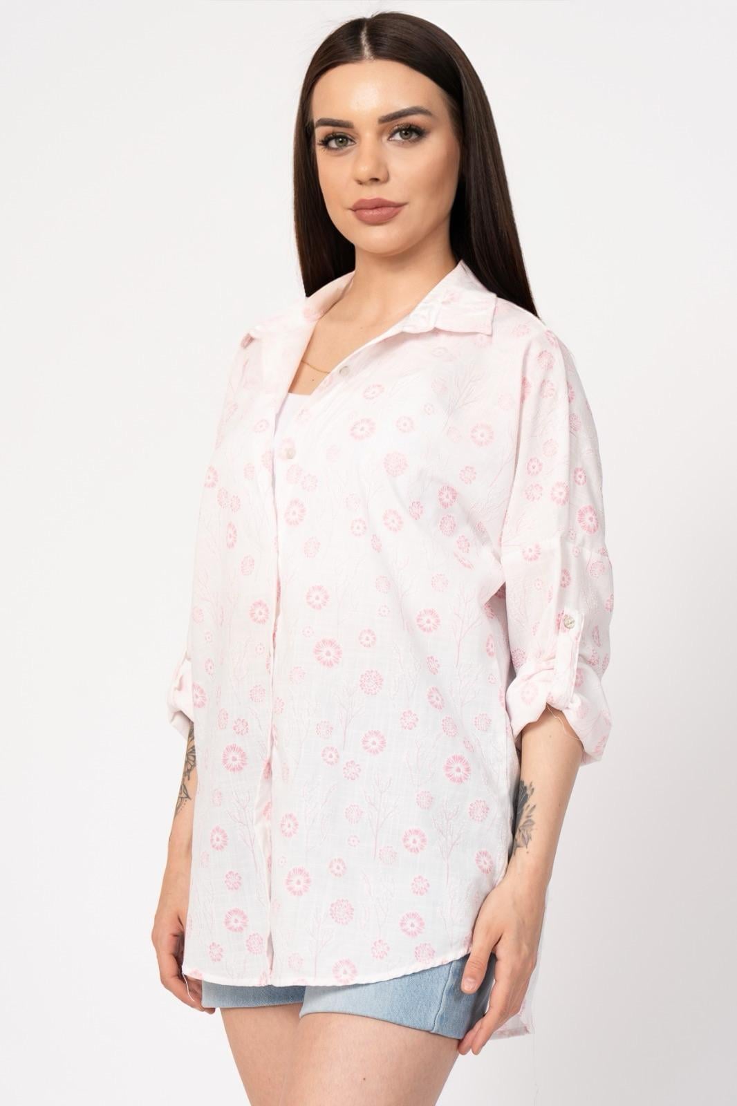 Çiçek Desenli Kol Katlamalı Gömlek 2857 - PEMBE
