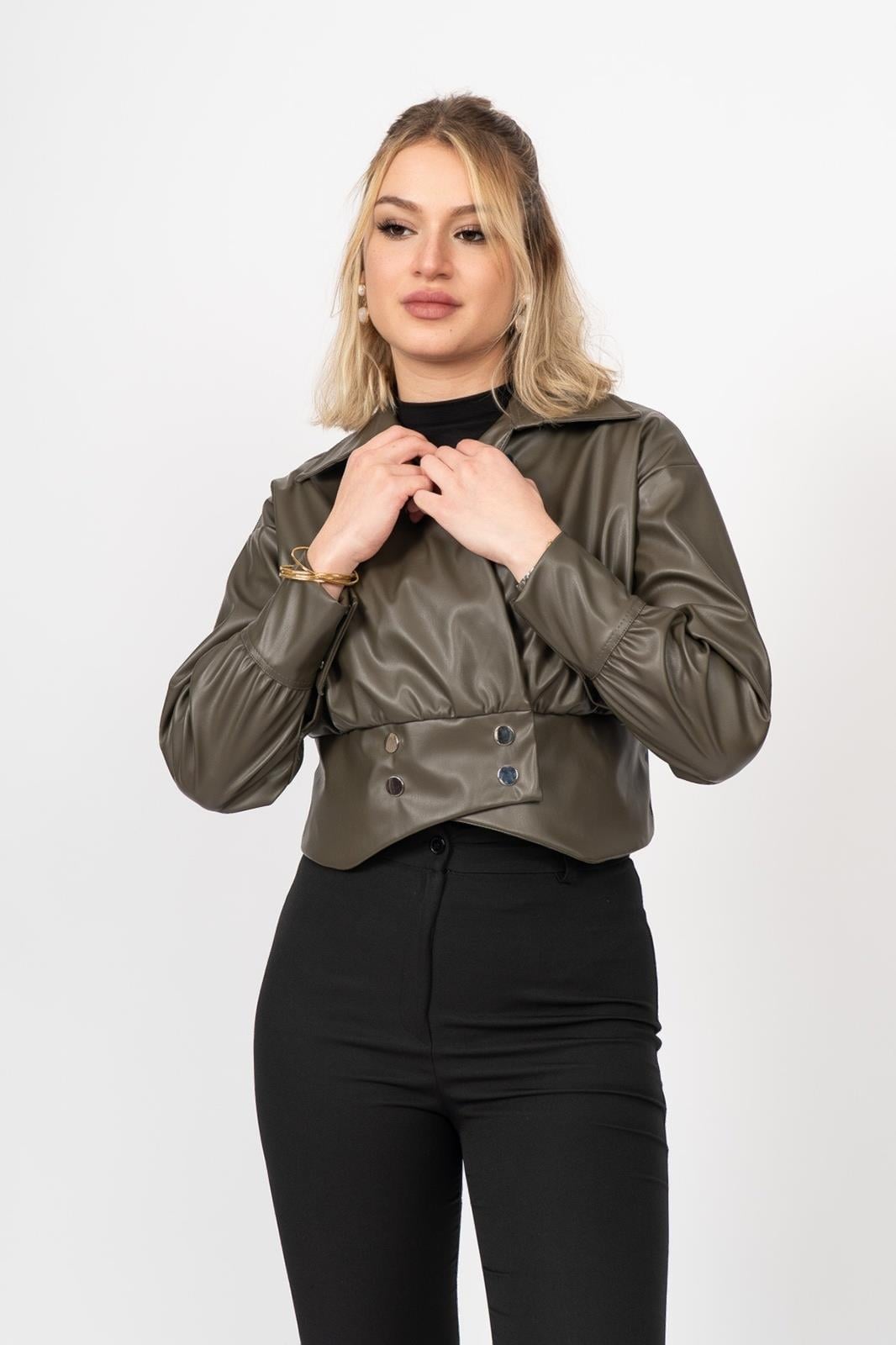CORA KRUVAZE DERİ BLUZ - HAKİ