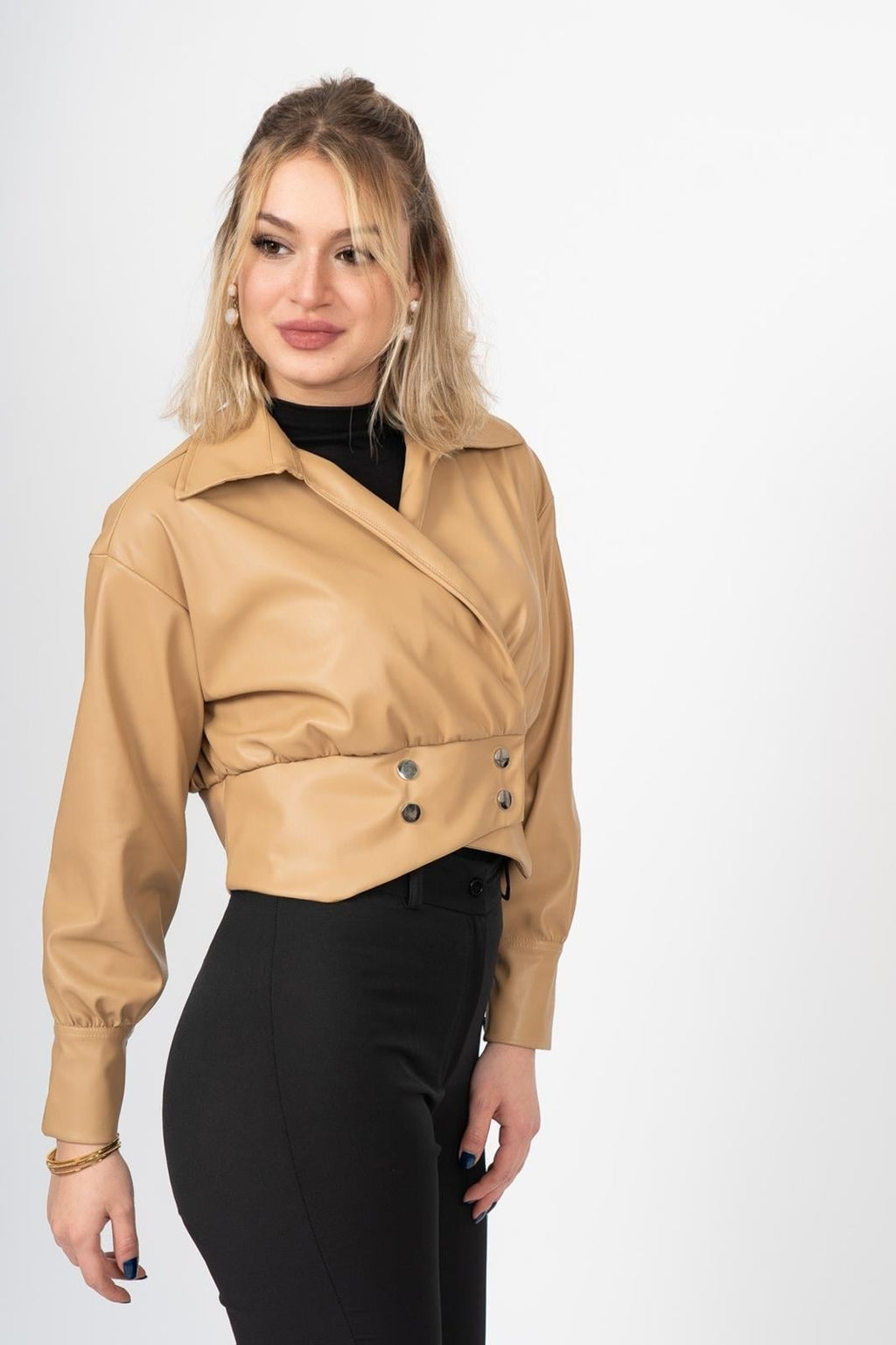 CORA KRUVAZE DERİ BLUZ - CAMEL