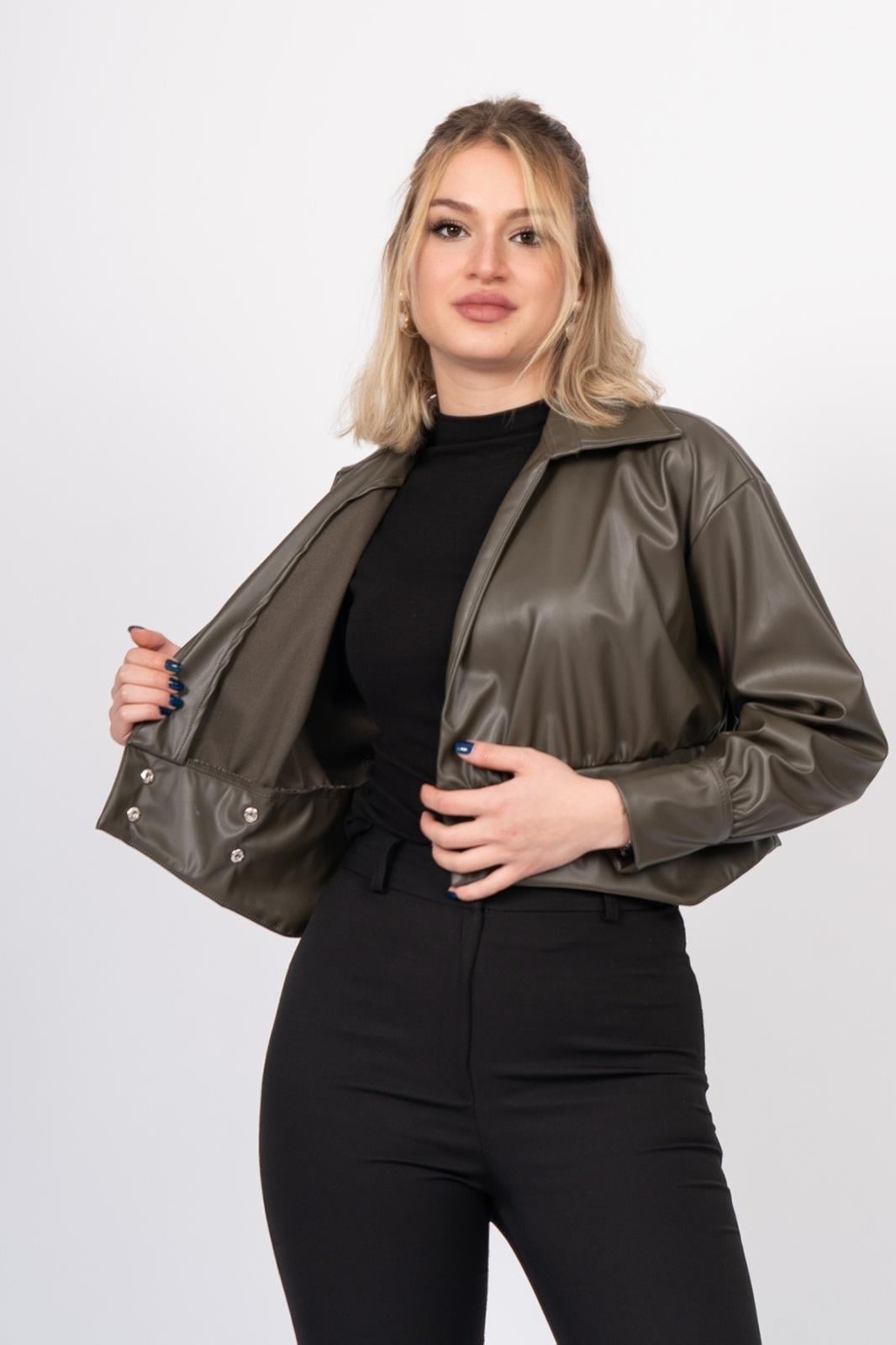 CORA KRUVAZE DERİ BLUZ - HAKİ