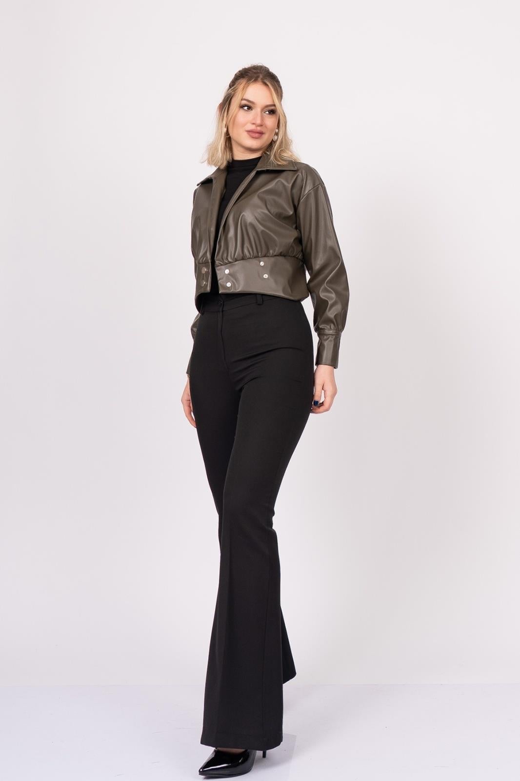 CORA KRUVAZE DERİ BLUZ - HAKİ