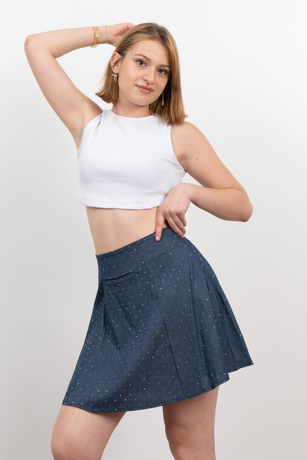 Denim ince Tensel Kumaş Taşlı Etek 6794 - LACI