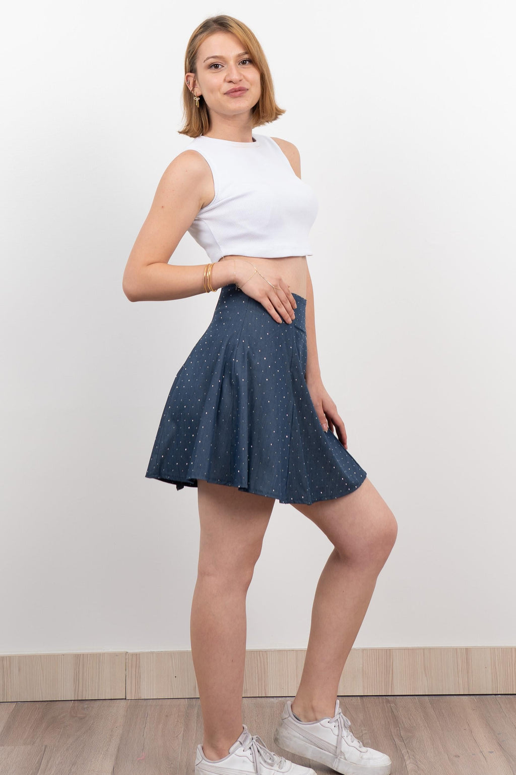 Denim ince Tensel Kumaş Taşlı Etek 6794 - LACI
