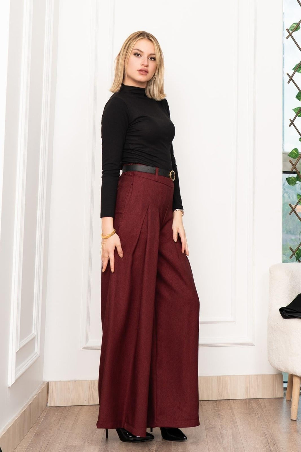 Dikiş Pilili Bol Paça Kemerli Pantolon 30183 - BORDO