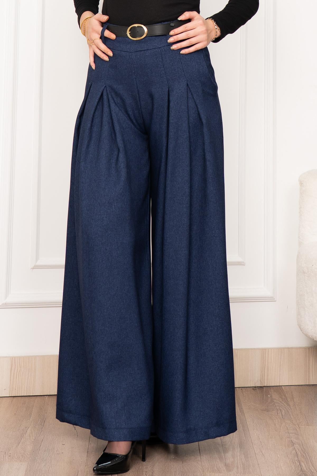 Dikiş Pilili Bol Paça Kemerli Pantolon 30183 - LACI