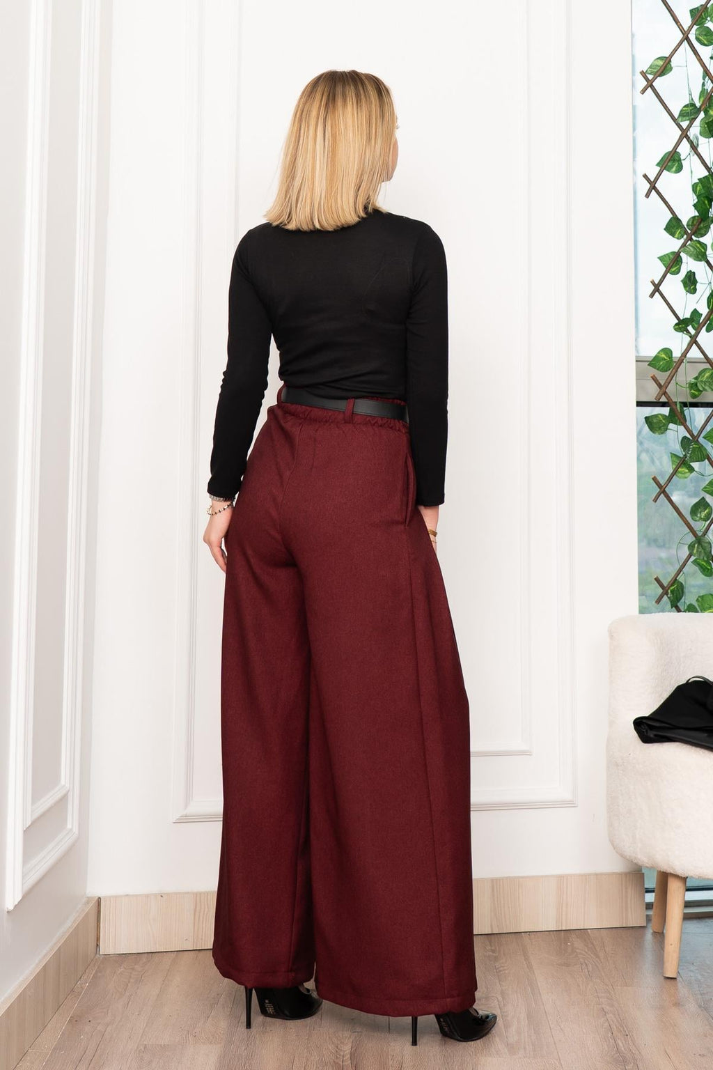 Dikiş Pilili Bol Paça Kemerli Pantolon 30183 - BORDO