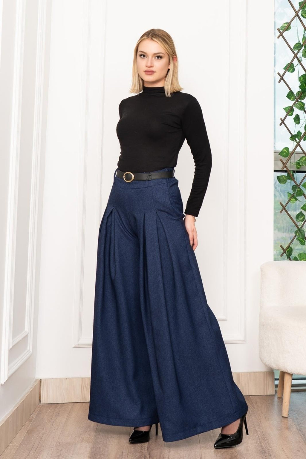 Dikiş Pilili Bol Paça Kemerli Pantolon 30183 - LACI