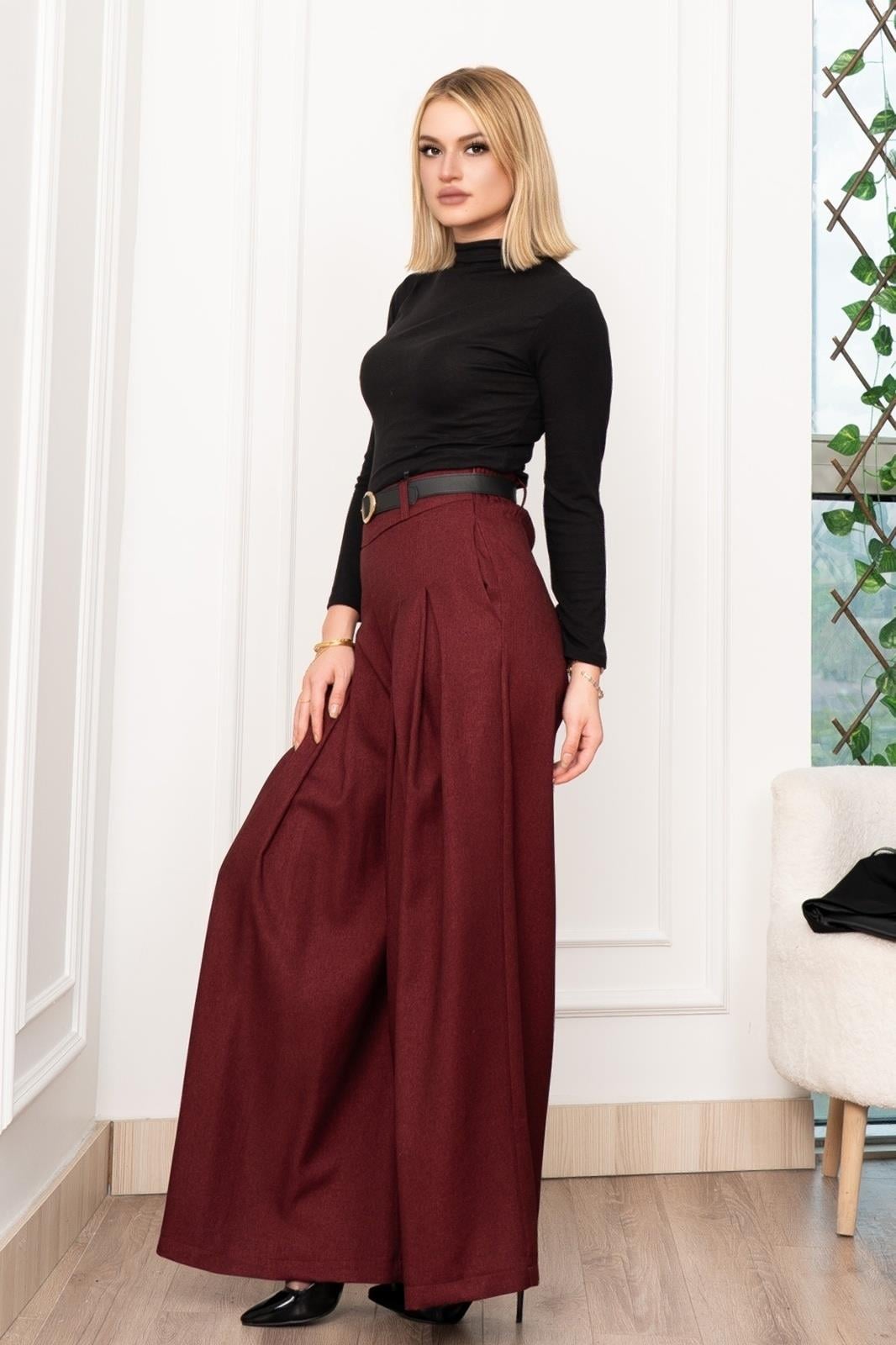 Dikiş Pilili Bol Paça Kemerli Pantolon 30183 - BORDO