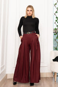 Dikiş Pilili Bol Paça Kemerli Pantolon 30183 - BORDO