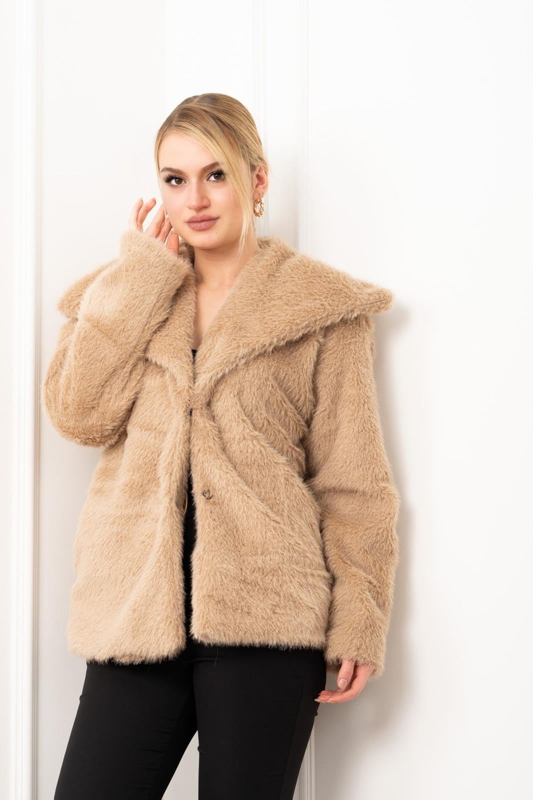 HIGH GENİŞ YAKA PELUŞ MONT - BEJ