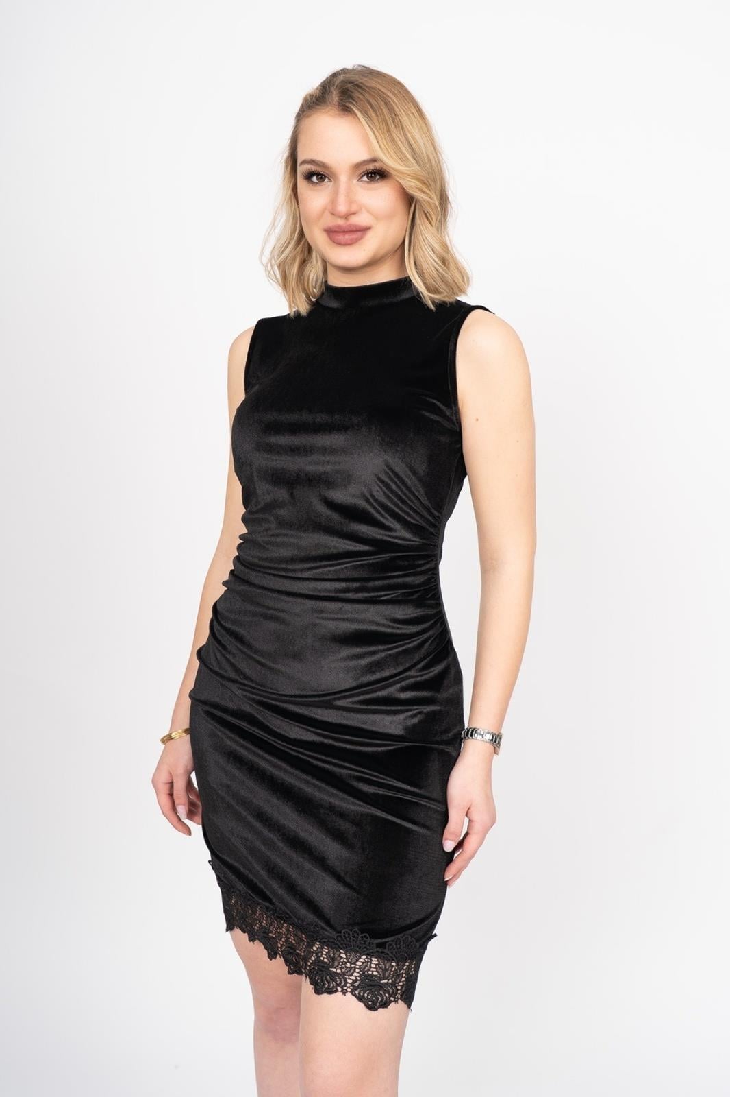 KASEY KADİFE DANTELLİ ELBİSE - SIYAH