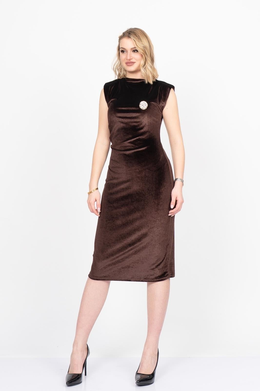 KELLY KADİFE ELBİSE - KAHVE